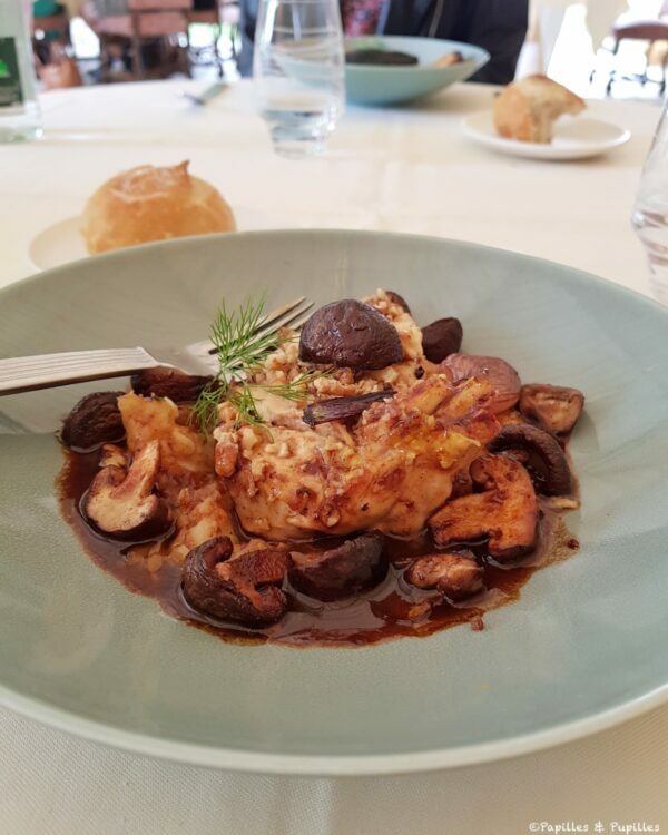 Suprême de volaille de l'Orléanais en croûte de noix, pommes de terre écrasées, fondue de chou