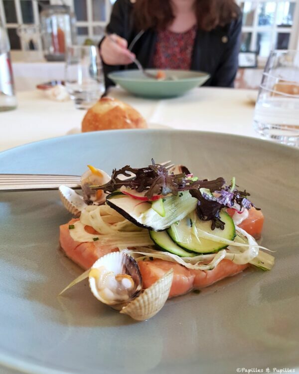 Truite de la pisciculture Maison Olliver mi cuite mi fumée, Salade craquante et bouillon de tilleul