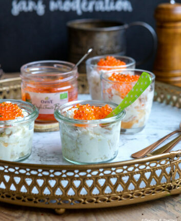 Verrine oeufs de truite, burrata, artichauts, citron