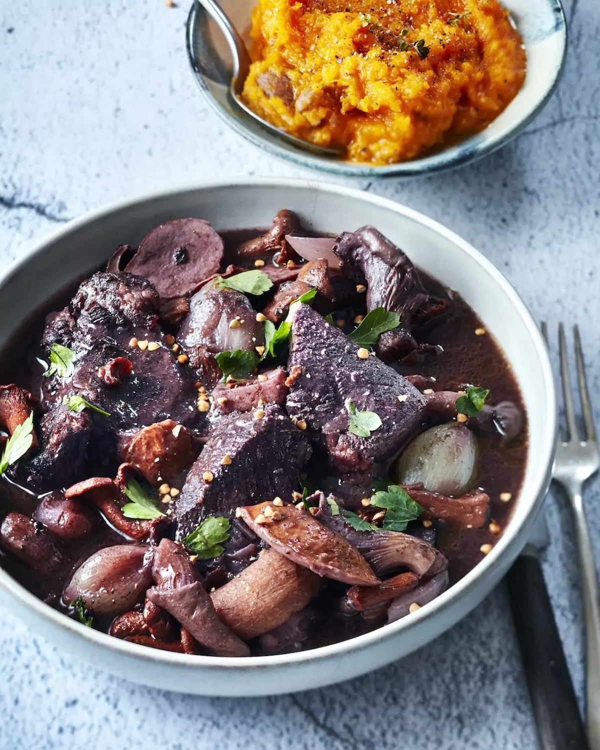 Bourguignon de boeuf, écrasée de butternut aux marrons © : Amélie Roche pour Les Viandes Bio/Interbev