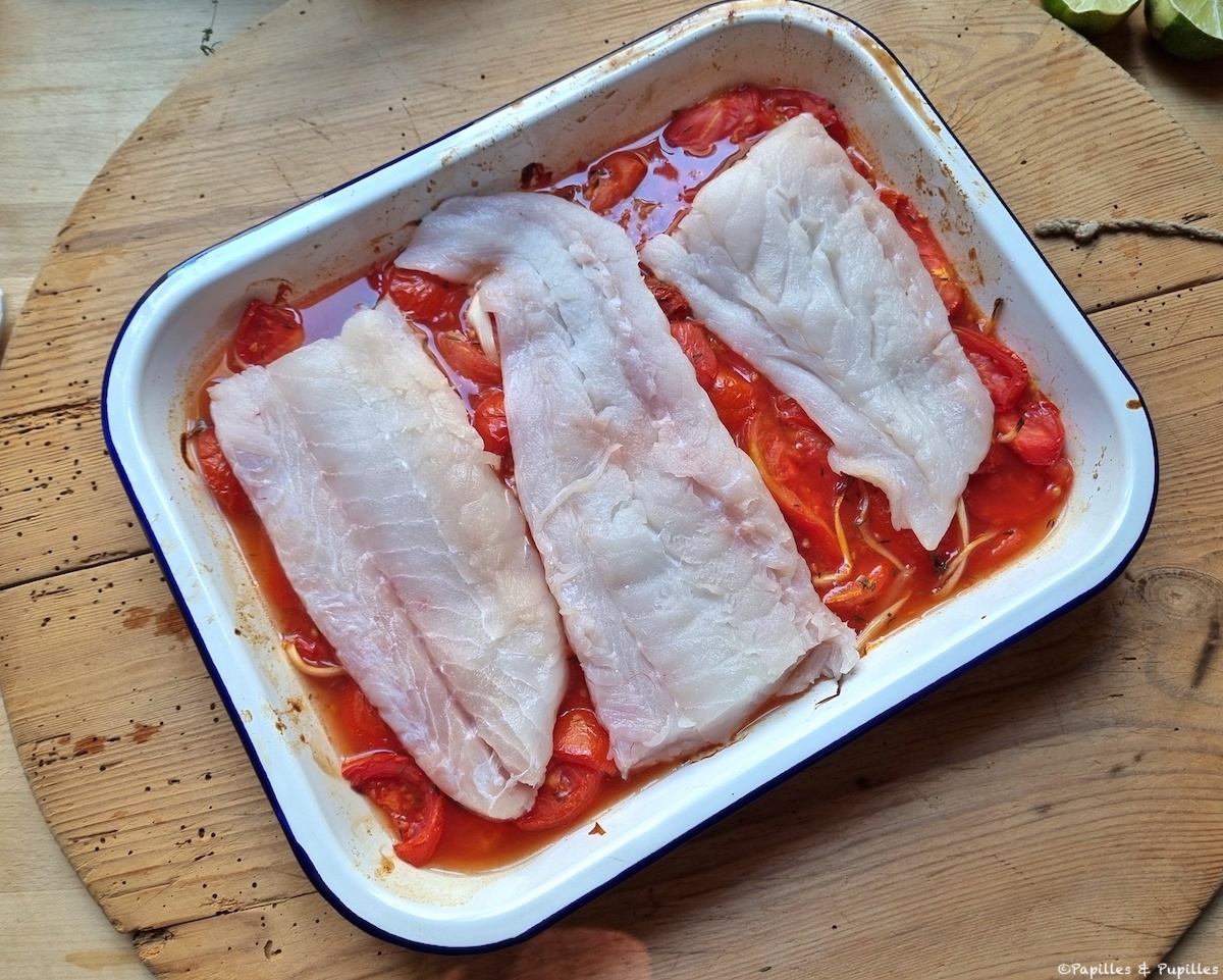 Cabillaud au four, tomates rôties, citron et persil