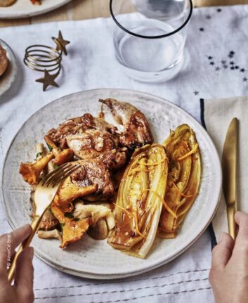 Filets de caille aux champignons et endives braisées à l'orange