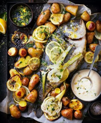 Daurades au citron, pommes de terre et sauce vin blanc