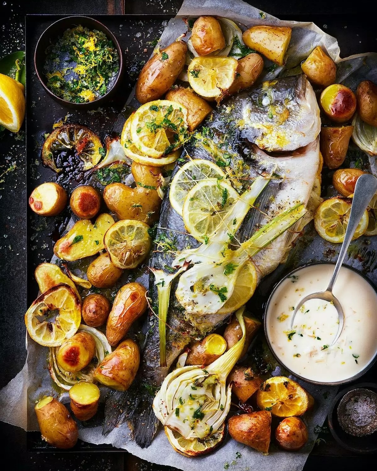 Daurade au four au citron avec pommes de terre, fenouil et sauce au vin blanc