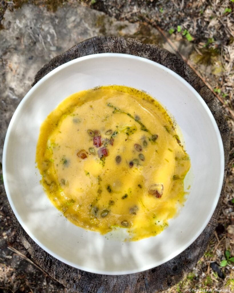 Soupe de courge et haricots blancs, sanglier braisé, graines de citrouille et huile d'herbe