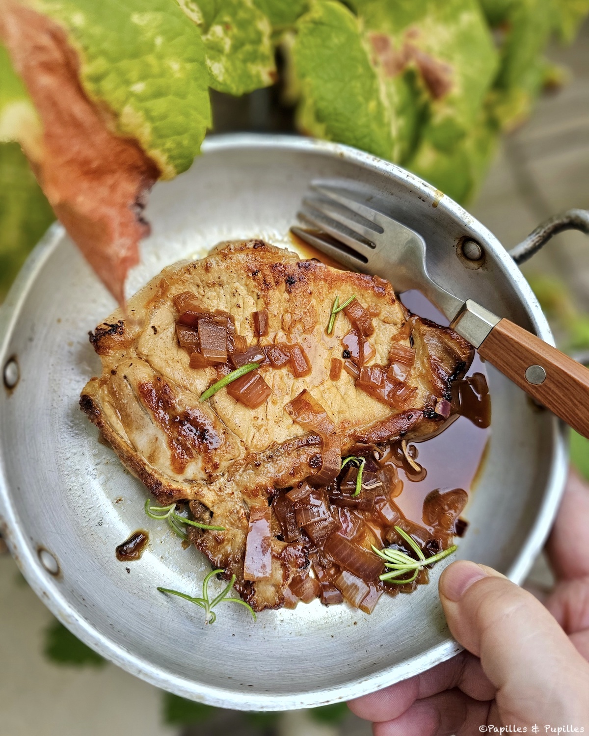 Côtes de porc dorées à la poêle avec sauce au cidre et échalotes
