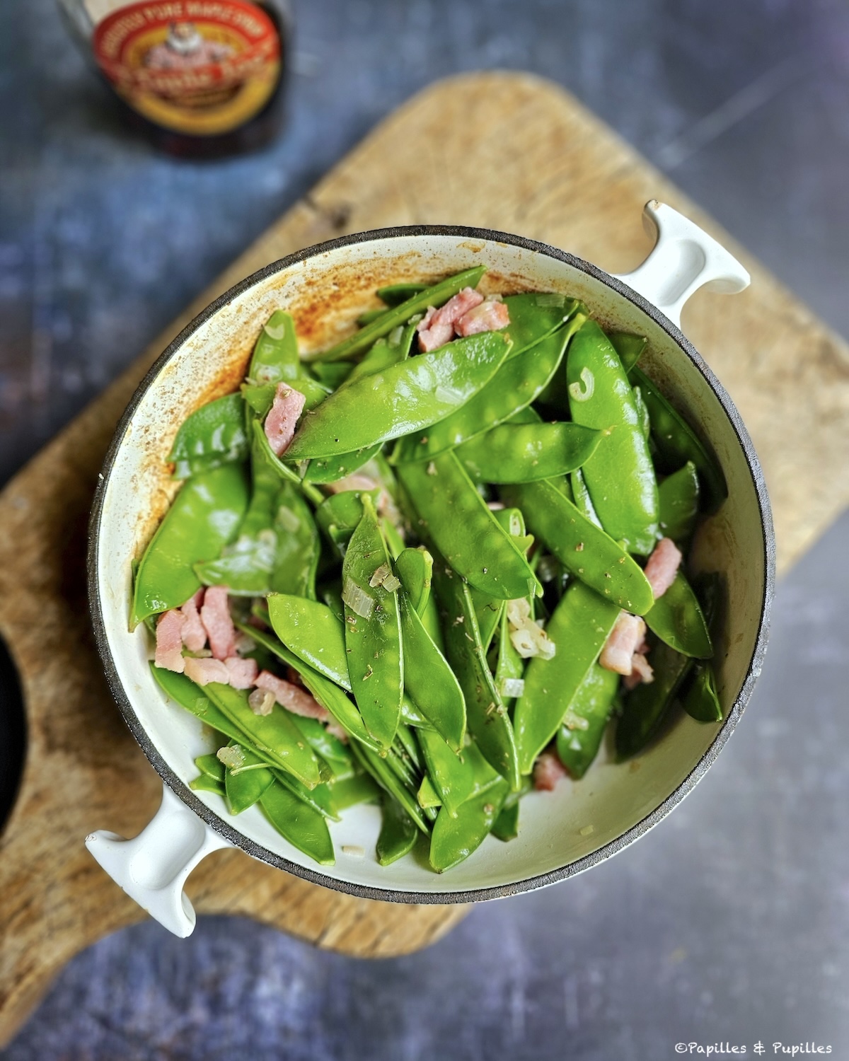Pois gourmands, lardons et sirop d'érable