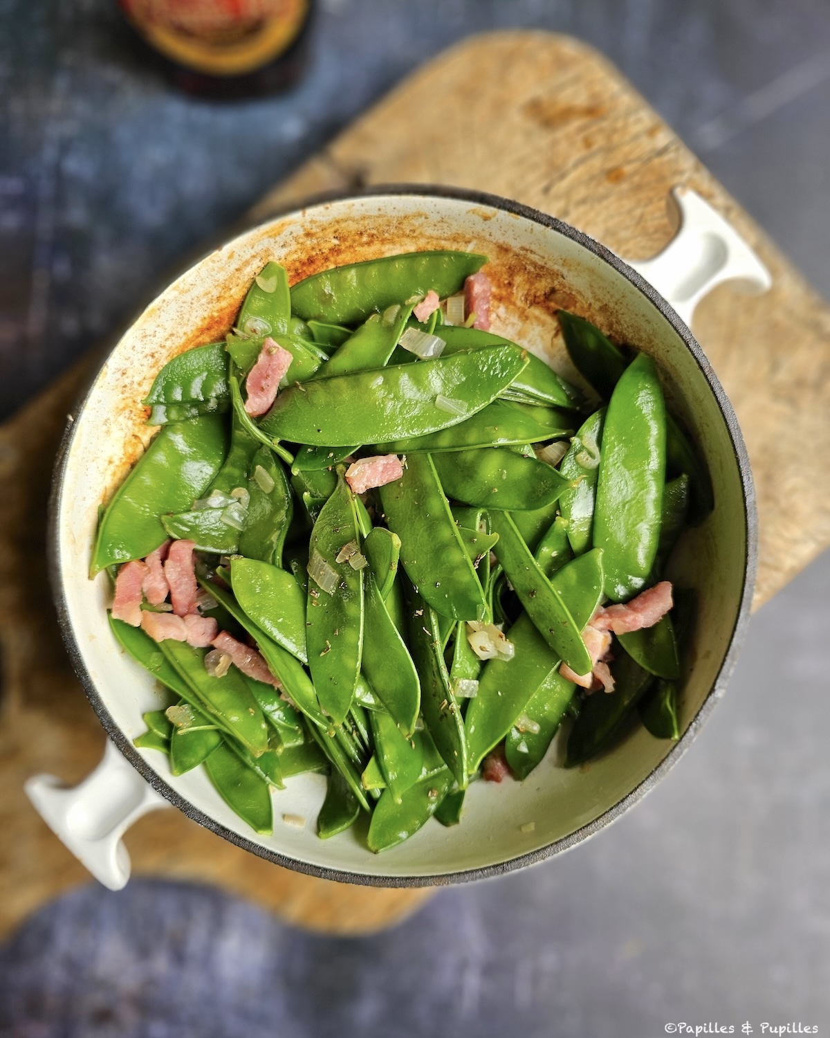 Pois gourmands, lardons et sirop d'érable