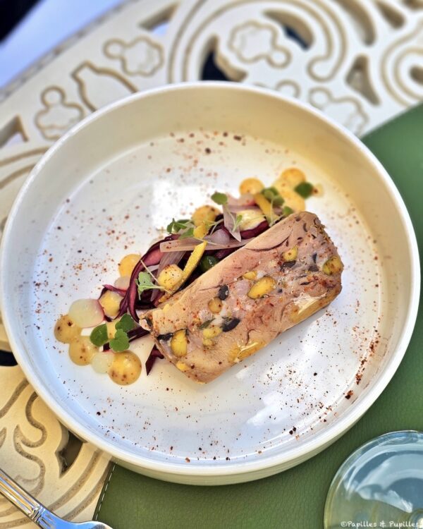 Terrine de poulette jaune, cochon basque, pistaches et olives Taggiasche