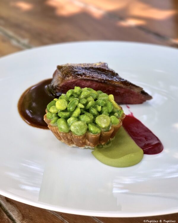 suprême de pigeonneau grillé aux sarments de vigne, cuisse confite, petit pois, framboise, sauce diable