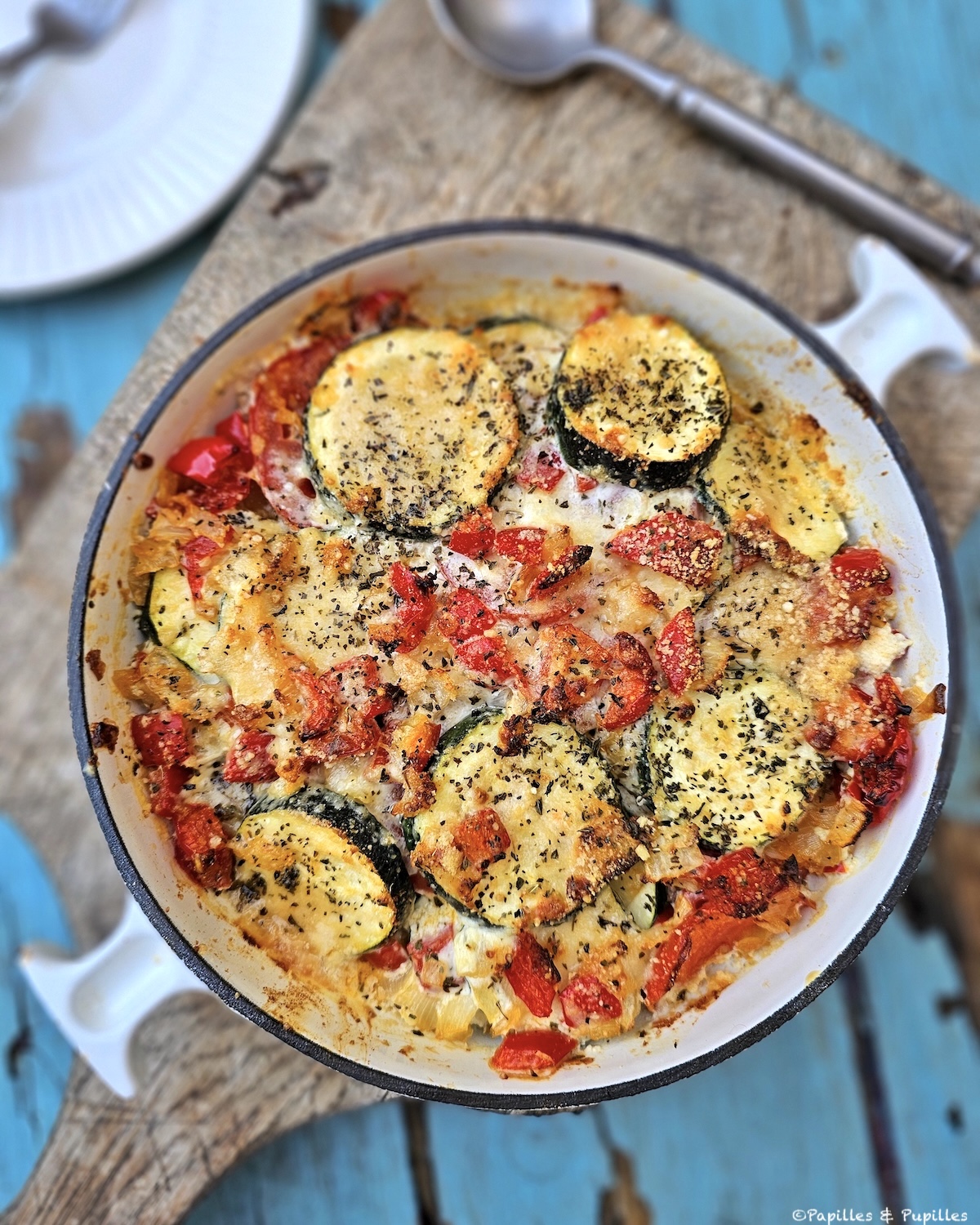Gratin de courgette, tomates et poivron, sauce crémeuse ail & fines herbes
