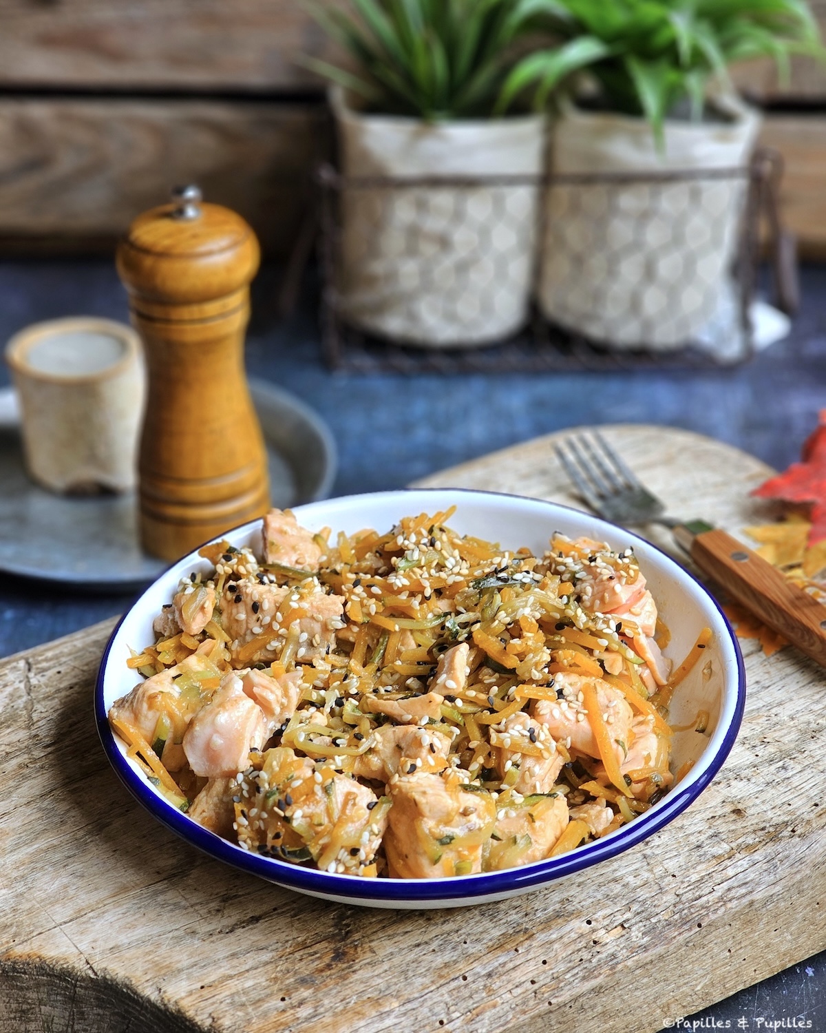 Poêlée de saumon, courgettes et butternut au miel et sauce soja