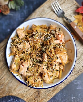 Poêlée de saumon, courgettes et butternut au miel et sauce soja