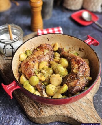 Cuisses de pintade laquées au miel et balsamique, choux de Bruxelles rôtis