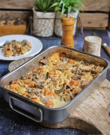 Gratin de butternut, champignons et poireaux