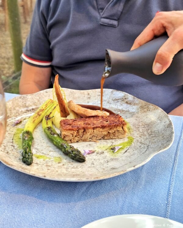 Person in a blue polo pours sauce over a plated dish featuring steak, asparagus, and vegetables outdoors.