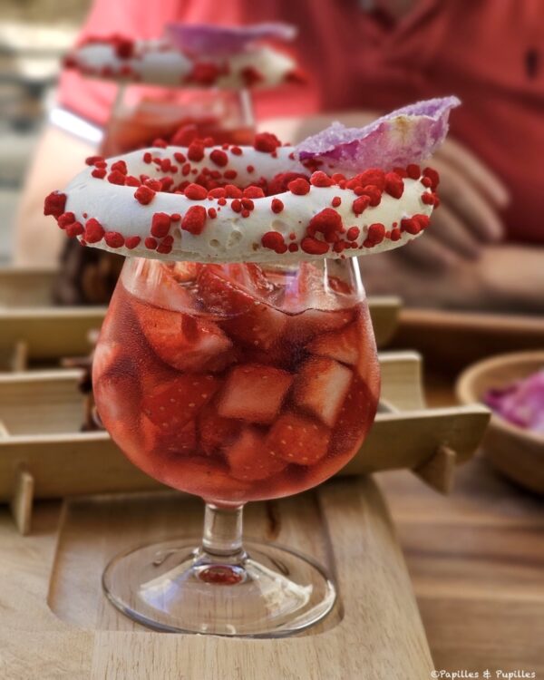 A stemmed glass filled with red strawberry drink and ice, topped with a white donut ring covered in red sprinkles and a purple sugar shard.