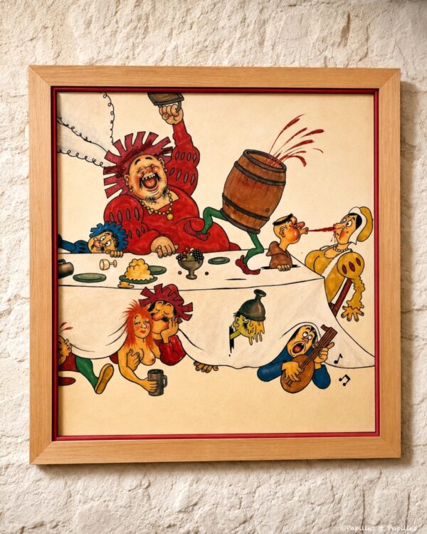 Illustration humoristique d’un banquet inspiré de l’univers de Rabelais au musée de La Devinière