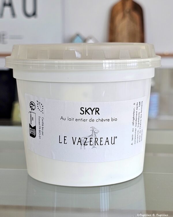 White plastic tub with a sealed lid, label reads 'SKYR Au lait entier de chèvre bio' and 'LE VAZEREAU' (organic goat-milk yogurt).