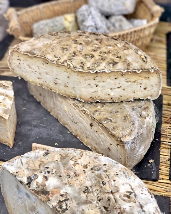 Round wheels of aged cheese with a natural rind, one half-cut to reveal a creamy ivory interior.