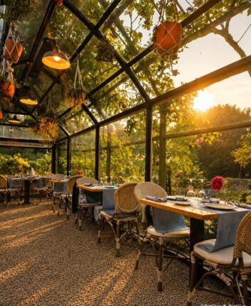 Sunlit glass-walled restaurant terrace with wooden tables set for dining, wicker chairs, and hanging planters in a lush greenhouse setting.