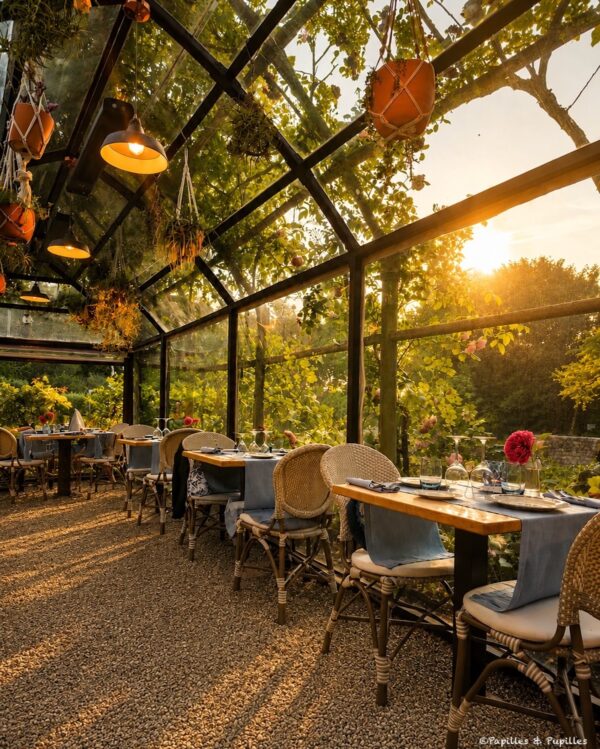 Sunlit glass-walled restaurant terrace with wooden tables set for dining, wicker chairs, and hanging planters in a lush greenhouse setting.
