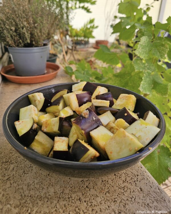 Aubergines coupées assaisonnées