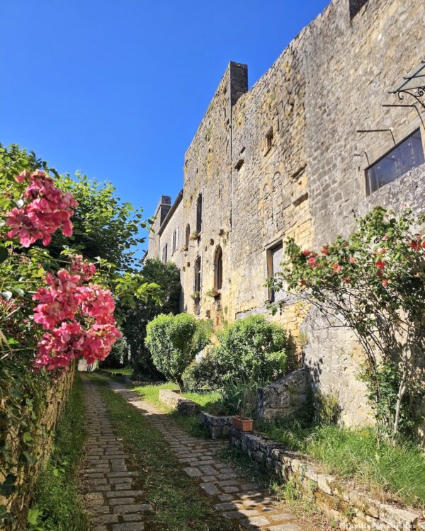 Ruelle pavée de Beaumont-du-Périgord bordée de rosiers, de murs anciens et de maisons en pierre
