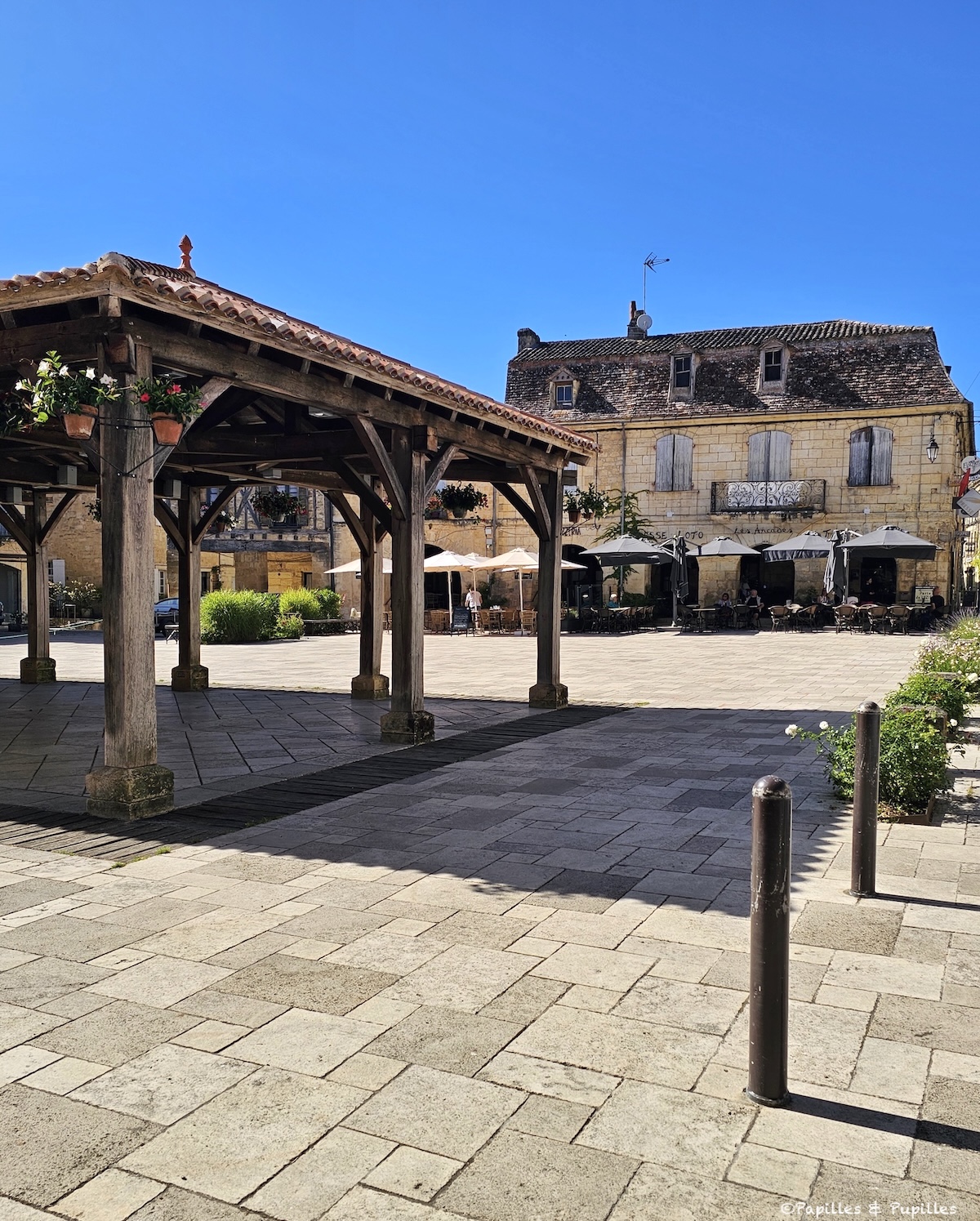 Place centrale de Beaumont-du-Périgord avec halle en bois, maisons anciennes et terrasses