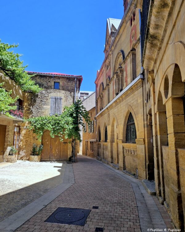 Rue pavée de Belvès avec façades en pierre, volets et ciel bleu