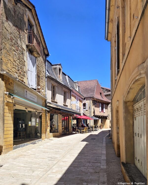 Rue de Belvès avec boutiques, terrasses et maisons en pierre sous un ciel bleu