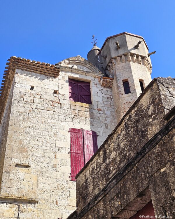 Demeure ancienne en pierre avec tour et volets rouges à Castelnau-Montratier