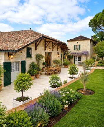 Cour intérieure fleurie du Domaine de Saint-Géry avec maisons en pierre et volets verts