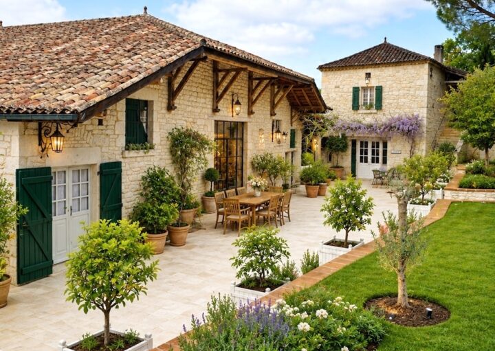 Cour intérieure fleurie du Domaine de Saint-Géry avec maisons en pierre et volets verts