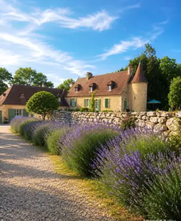 Domaine de Sens Bas à Molières avec maison en pierre, lavandes et volets verts