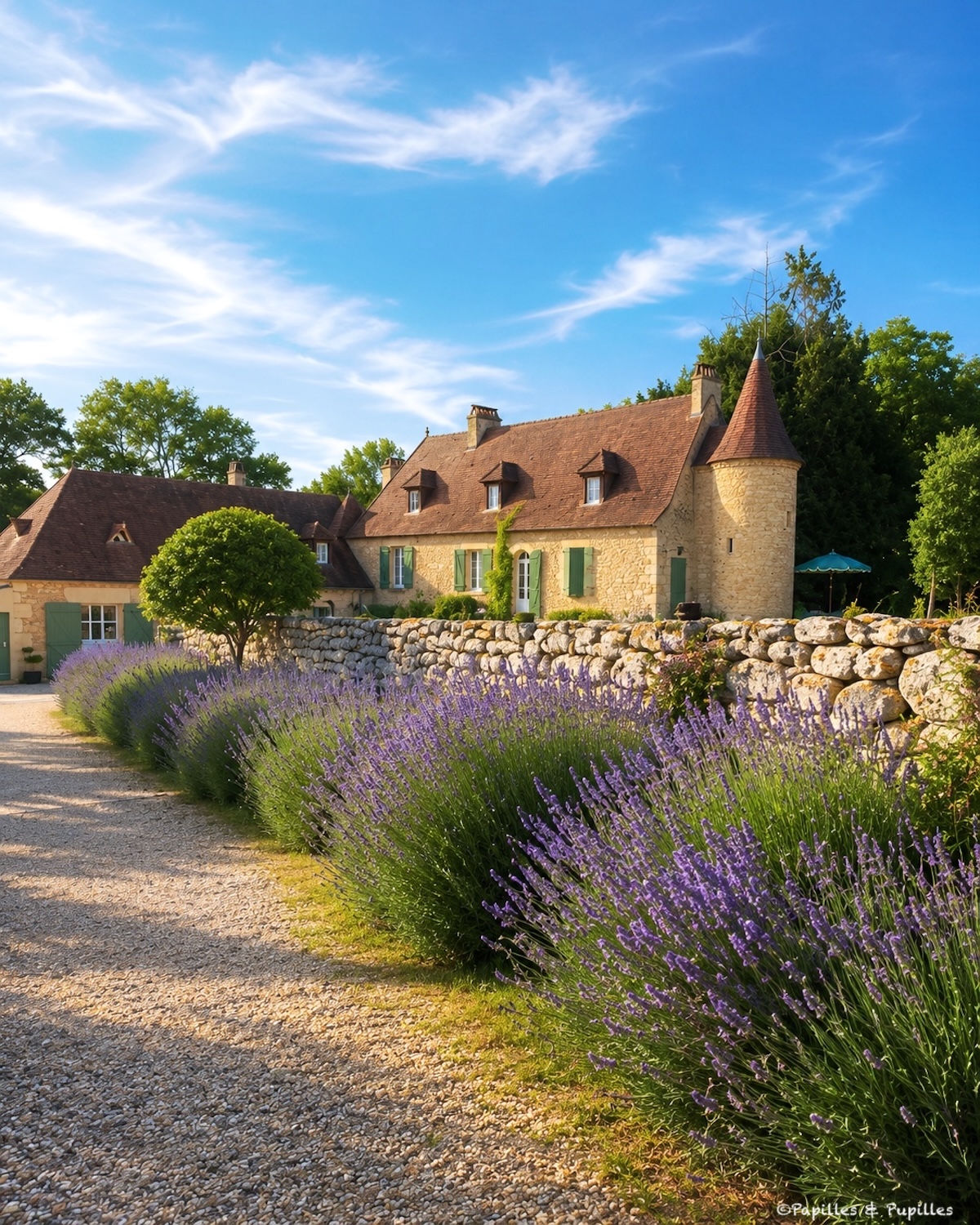 Domaine de Sens Bas à Molières avec maison en pierre, lavandes et volets verts