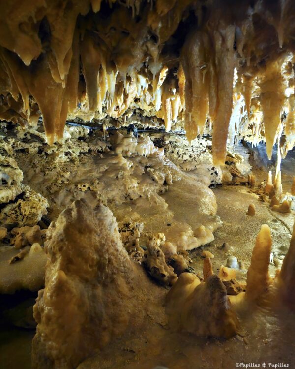 Draperies calcaires suspendues au plafond de la grotte du Grand Roc
