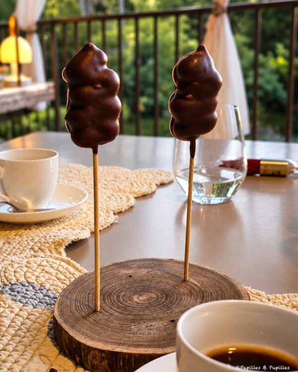 Deux oursons en guimauve enrobés de chocolat servis sur un support en bois