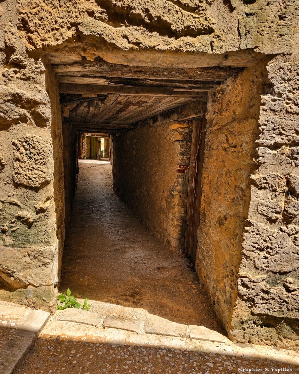 Entrée d’un passage couvert ancien dans une ruelle de Belvès