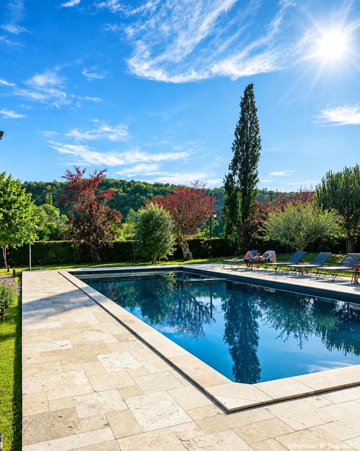 Piscine extérieure de l’hôtel Les Glycines entourée de transats, d’arbres et de verdure