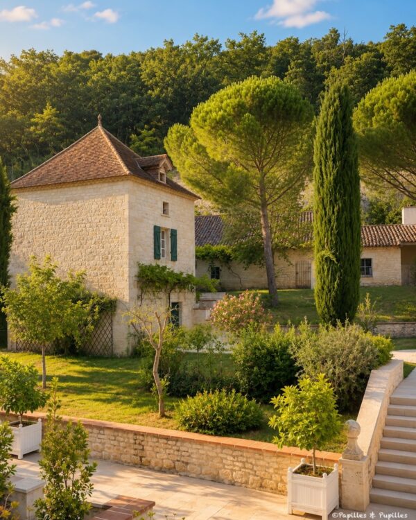 Maison en pierre du Domaine de Saint-Géry dans une lumière dorée