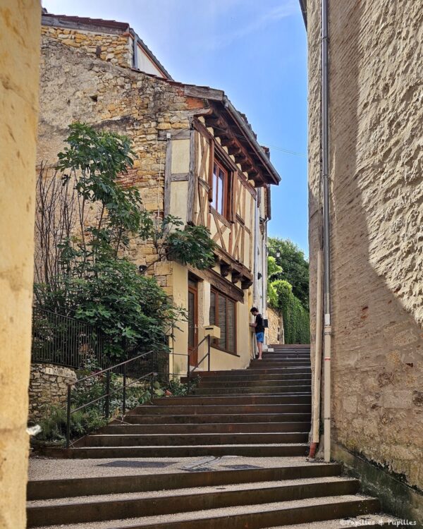 Escalier dans une ruelle de Puy-l’Évêque avec maison à pans de bois