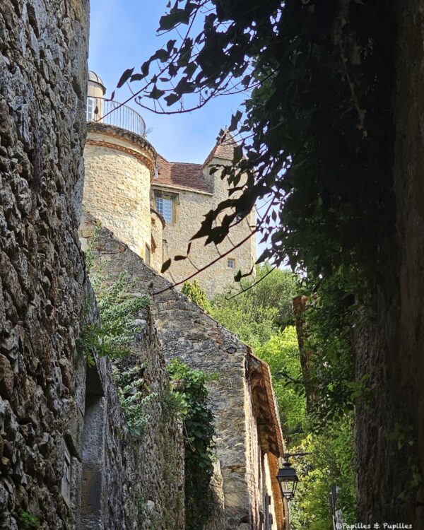 Passage ombragé de Puy-l’Évêque avec murs de pierre et végétation