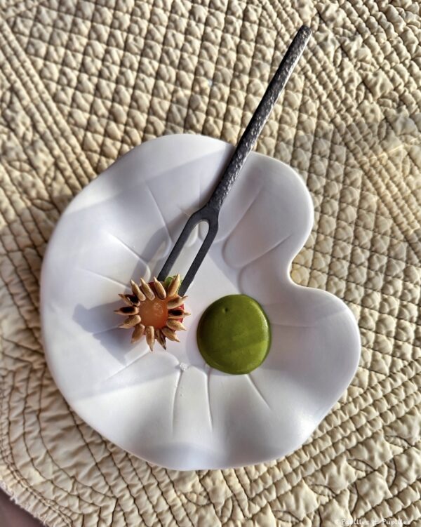 Radis travaillé comme une fleur, servi avec une crème verte dans une assiette en forme de fleur