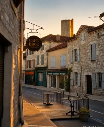 Rue de Montcuq au coucher du soleil avec le donjon en arrière-plan