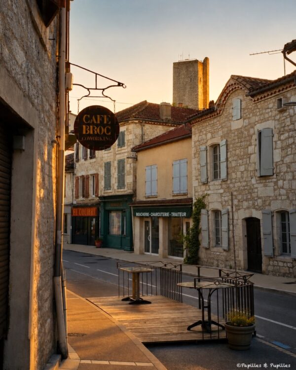 Rue de Montcuq au coucher du soleil avec le donjon en arrière-plan