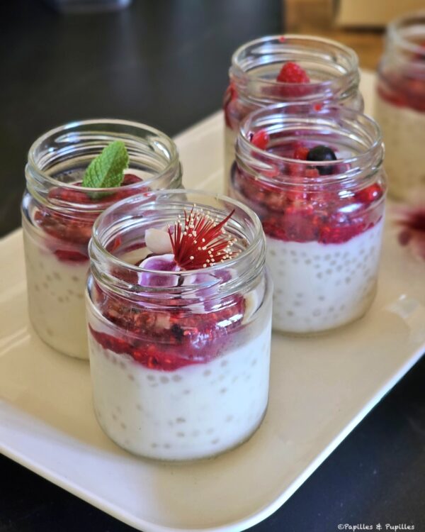 Perles du Japon au lait d'avoine et coulis de fruits rouges