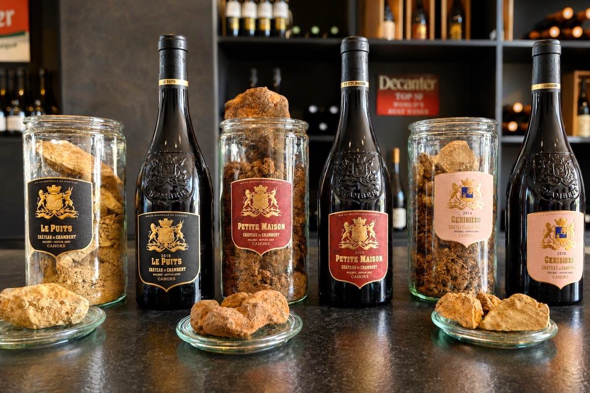 Bouteilles des cuvées Le Puits, Petite Maison et Cerisiers du Château de Chambert présentées avec les différents terroirs du domaine