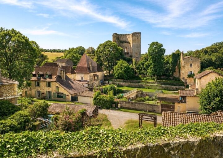 Vue sur le village de Cause-de-Clérans avec les ruines du château de Clérans en Dordogne