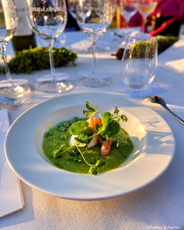 Entrée aux petits pois, herbes fraîches et gambas servie au dîner